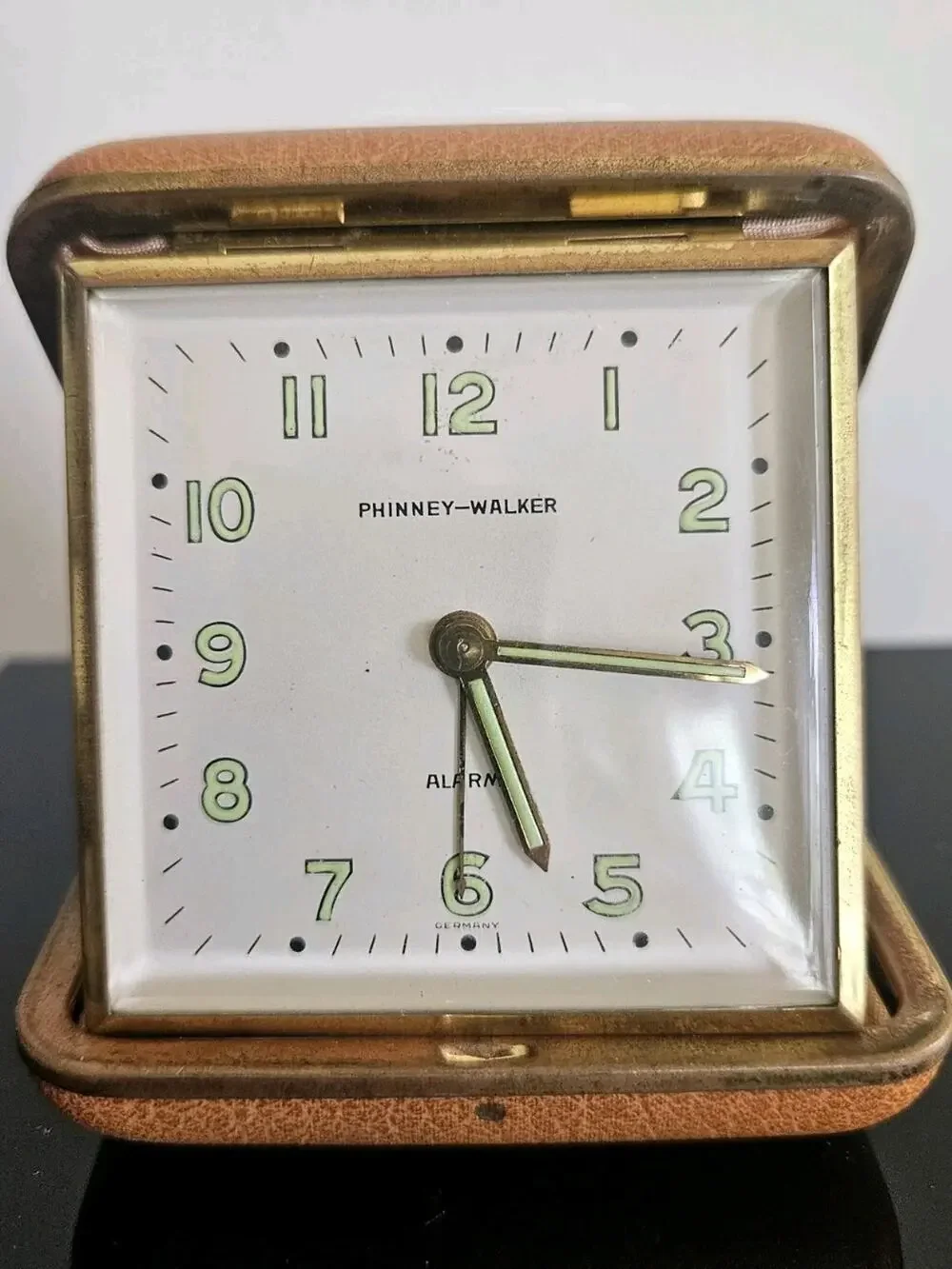 Vintage Phinney-Walker Germany Folding Travel Alarm Clock Brown Leather Case...